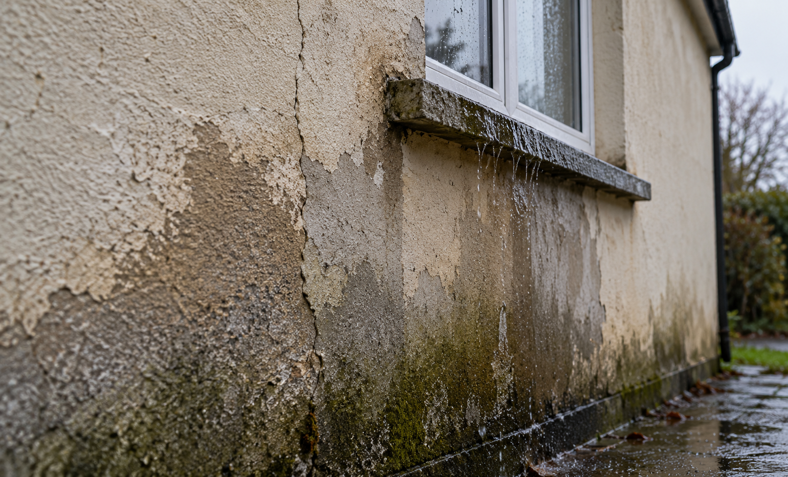 Désordres d'humidité révélés sur une façade avant isolation